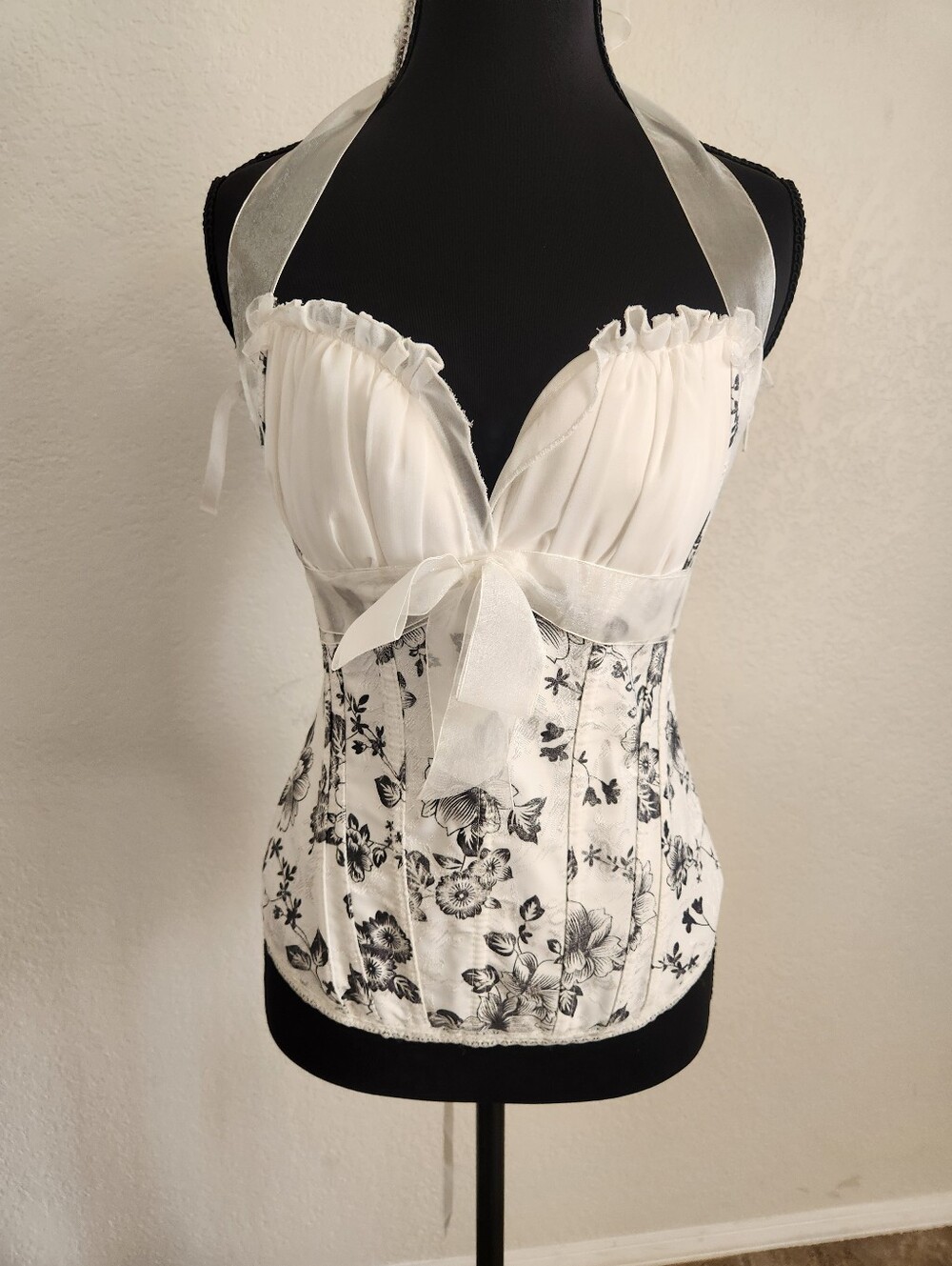 Black And White Demask Print Halterneck Corset Size Large Zip And Tie